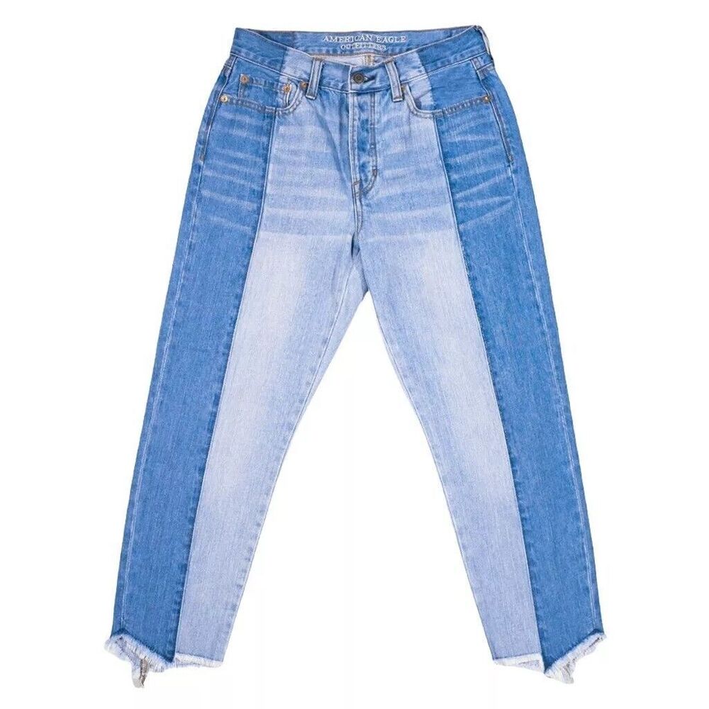 American Eagle Women's Jeans Blue Color Block Vintage High Rise Raw Hem 4 Short